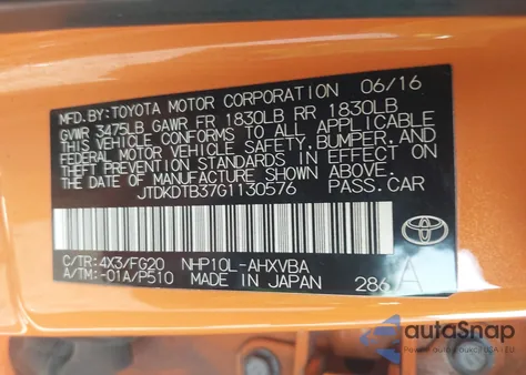 2016 Toyota Prius C Two from USA, damaged, VIN JTDKDTB37G1130576